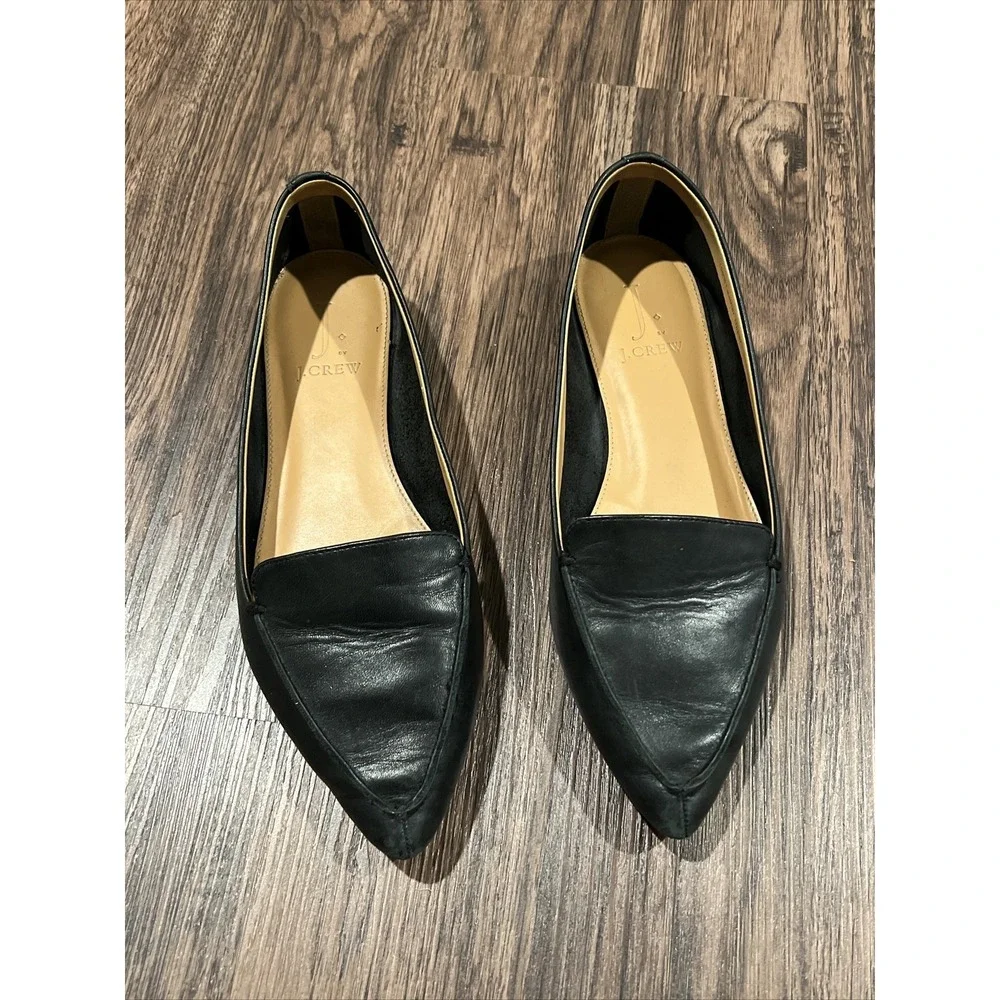 J By J. Crew Women's Pointed Loafer Leather Flat Black Shoes 8